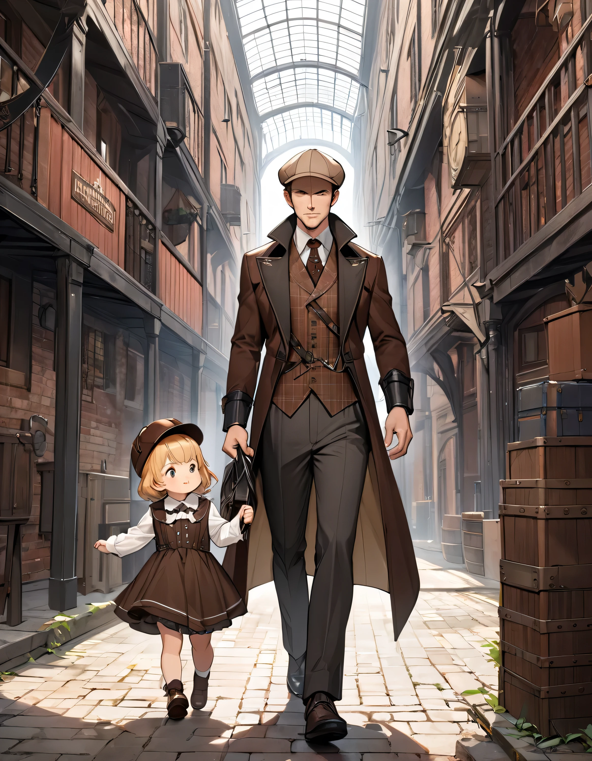 high quality,(High resolution:1.2),Incredible illustrations, (arknights) 1girl(Inverness Court,High Waist Skirt,Deerstalker hat(toddler body))1boy(Frock coat,slacks,Deerstalker hat)(see through))Holmes and Watson walking through the Red Brick Warehouses(Steampunk)