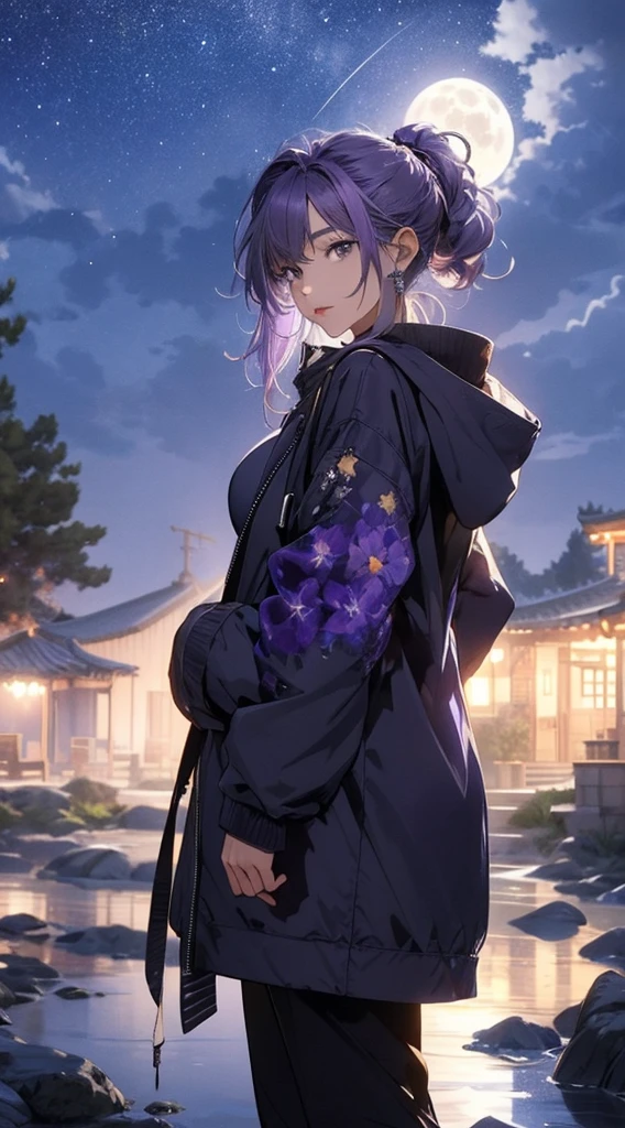 masterpiece, high quality, 4K, Beautiful design, silhouette,Light purple hair,ponytail, 非常に詳細な夜のStarry Sky,Flower Field, wonderful, Finer details, Very knowledgeable woman, Highly detailed solo, 1 female,Big Breasts,Hooded parka,Night view,Starry Sky,full moon,