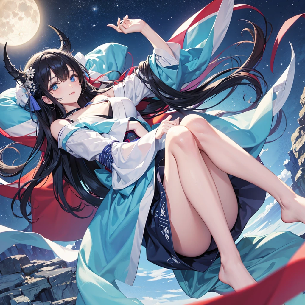 anime、Vibrant colors、Cool beauty、Age 25、Black Hair、Long Hair、Straight Hair、The bangs are cut above the eyebrows、Narrow eyes、Slanted Eyes、Bright eyes、Sparkling eyes、Large Breasts、Night Sky、full moon、sky blue kimono