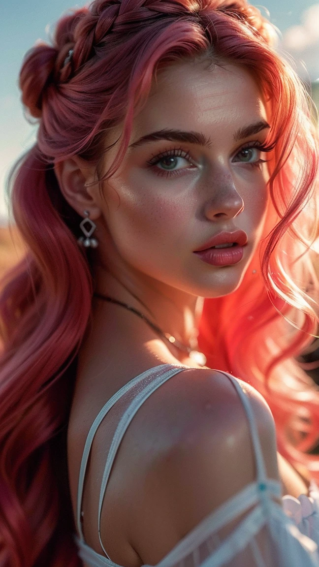 (((ultra realistic))) foto, Obra de arte, Maximum quality, (pale skin), (rosto e olhos ultra detalhados:1.3), Beyoncé, em um vestido com recorte, ((Maquiagem dos olhos, pink mascara)), ((Detailed big lips)), ((rosa wavy hair)), ((penteado estiloso)) , (seios naturais), Cintura fina. ((posando, Hand on face)), photoshoot, (macio)lighting, (O jogo de luz e sombras), profundidade de campo, Bokeh, (special attention to skin details: 1.2), Textura de couro detalhada, poros da pele. (Atmosfera legal do quadro. esquema de cores - preto, roxo, rosa, Toneladas), DR, ((film grain)), ((raios)), (Brilho), ((retrato da cintura para cima)) , ultra detalhado,