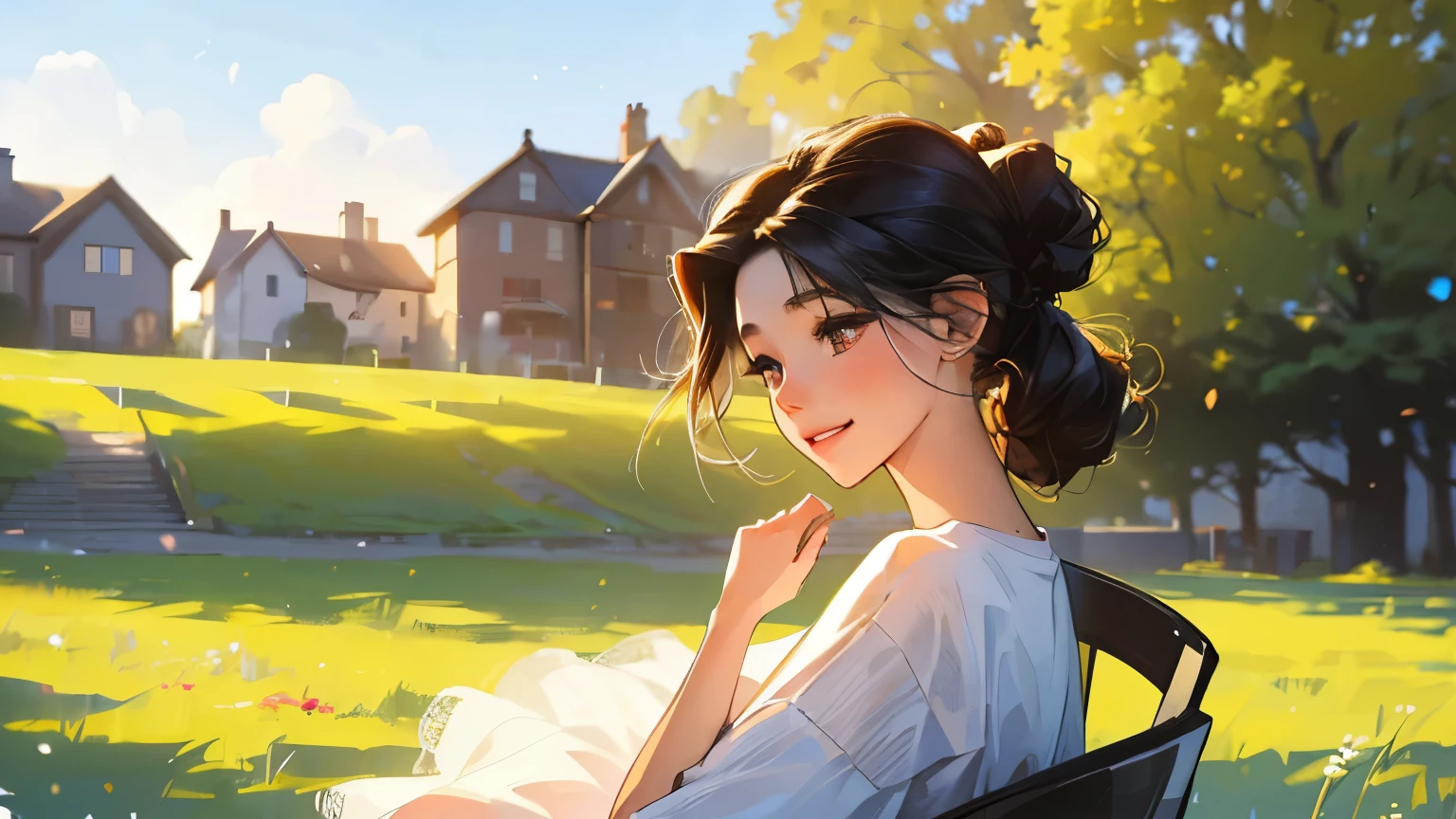 (masterpiece)),(((bestquality))),((ultra-detailed)) realisticlying, 1 girl, Beautiful, black hair, hair tied, sweeter, happy, morning, outdoor, village (Blur background 10%)