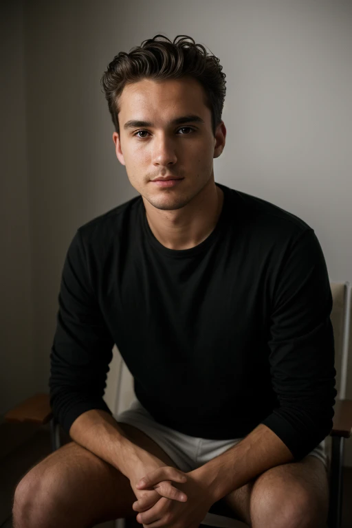 ((1 guy)) (white guy) wearing a black shirt, manly (sitting on a chair in a formal way, with his body forward and looking at the camera as if he were participating in an online meeting), very detailed, 18 years old old, natural wave hair, brown eyes, ((short facial hair)), high resolution, Artwork, best quality, intricate details, highly detailed, sharp focus, detailed skin, realistic skin texture, texture, detailed eyes, Professional, 4k, Shot on Canon, 85mm, Shallow Depth of Field, Kodak Vision Color, Perfectly Shaped Body, Extremely Detailed, Photo_\(Ultra\), Photorealistic, Realistic, Post Processing, Maximum Detail, Roughness, Real Life , ultra realistic, photorealism, photography, 8k HD, photography (film grain) ((medium shot atmospheric dark lighting))