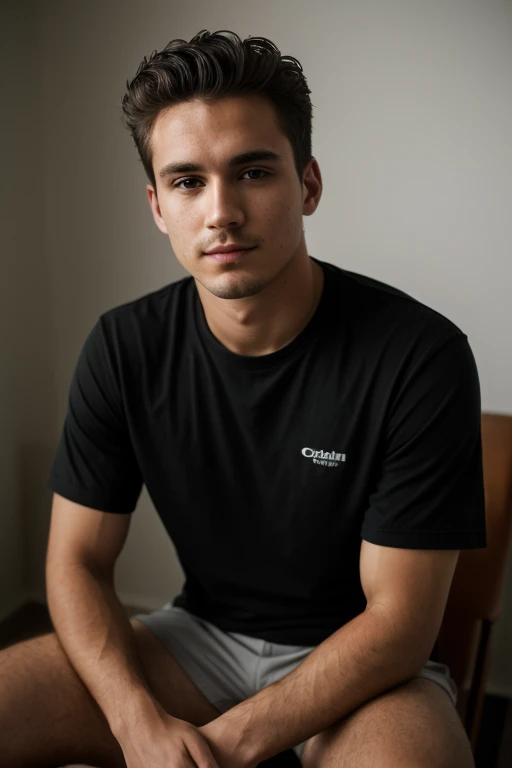 ((1 guy)) (white guy) wearing a black shirt, manly (sitting on a chair in a formal way, with his body forward and looking at the camera as if he were participating in an online meeting), very detailed, 18 years old old, natural wave hair, brown eyes, ((short facial hair)), high resolution, Artwork, best quality, intricate details, highly detailed, sharp focus, detailed skin, realistic skin texture, texture, detailed eyes, Professional, 4k, Shot on Canon, 85mm, Shallow Depth of Field, Kodak Vision Color, Perfectly Shaped Body, Extremely Detailed, Photo_\(Ultra\), Photorealistic, Realistic, Post Processing, Maximum Detail, Roughness, Real Life , ultra realistic, photorealism, photography, 8k HD, photography (film grain) ((medium shot atmospheric dark lighting))