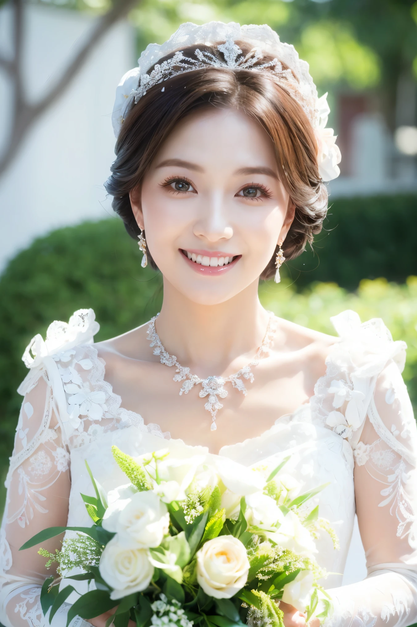 (highest quality、Tabletop、8k、Best image quality、Award-winning works)、One beautiful bride、(alone:1.1)、(The most extravagant and gorgeous huge pure white wedding dress:1.1)、(Perfect Wedding Lace:1.2)、(The most extravagant and luxurious giant tiara:1.1)、(The most extravagant and luxurious giant necklace:1.1)、The most beautiful smile is looking at me、A wide selection of the finest jewellery、(Bridal upper body photo:1.1)、Perfect Makeup、Long eyelashes、Ultra HD Shining Eyes、Ultra HD Hair、Ultra High Resolution Glossy Lips、Ultra High Resolution Perfect Teeth、Super high resolution beautiful face、(Accurate anatomy:1.1)、Very bright and beautiful skin、very bright and vivid、(Blurred fresh natural background:1.1)