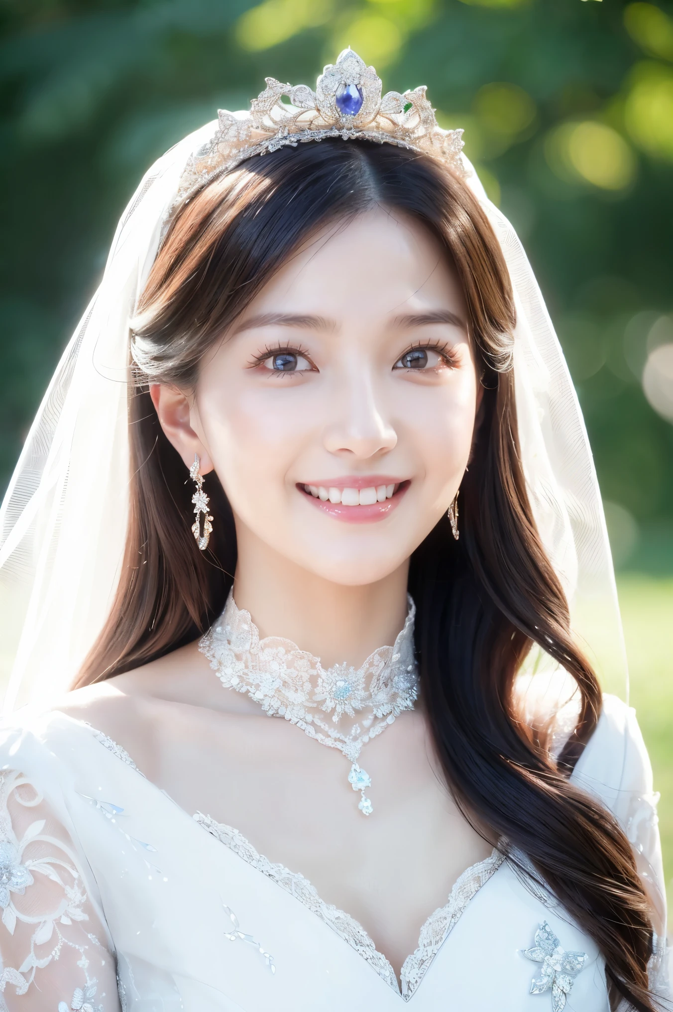 (highest quality、Tabletop、8k、Best image quality、Award-winning works)、One beautiful bride、(alone:1.1)、(The most extravagant and gorgeous huge pure white wedding dress:1.1)、(Perfect Wedding Lace:1.2)、(The most extravagant and luxurious giant tiara:1.1)、(The most extravagant and luxurious giant necklace:1.1)、The most beautiful smile is looking at me、A wide selection of the finest jewellery、(Bridal upper body photo:1.1)、Perfect Makeup、Long eyelashes、Ultra HD Shining Eyes、Ultra HD Hair、Ultra High Resolution Glossy Lips、Ultra High Resolution Perfect Teeth、Super high resolution beautiful face、(Accurate anatomy:1.1)、Very bright and beautiful skin、very bright and vivid、(Blurred fresh natural background:1.1)