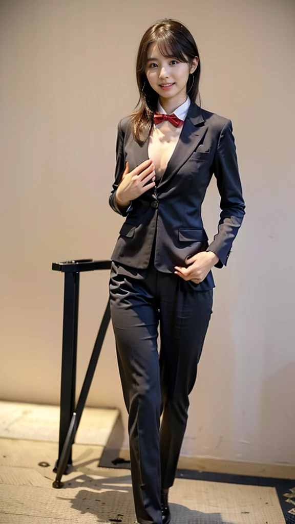 (8k、RAW Photos、highest quality、masterpiece:1.2)、(Realistic、Realistic)、1 girl、((large size black suit、red tie、rub my chest、pants suit、turn knees out、pelvic forward、over size suit、Woman grabs her own breasts、boyish、tom boy、public indecency、bend knees、 sexy suit、mens suit、large suit、hutanari 、grabbing breasts、 Leg spread、Bow-legged、Touching as if groping the breasts、Wide Stride、Leg spread、smile、sexy、I can see your chest、View from the front、Stand with hands on hips、In the city))、