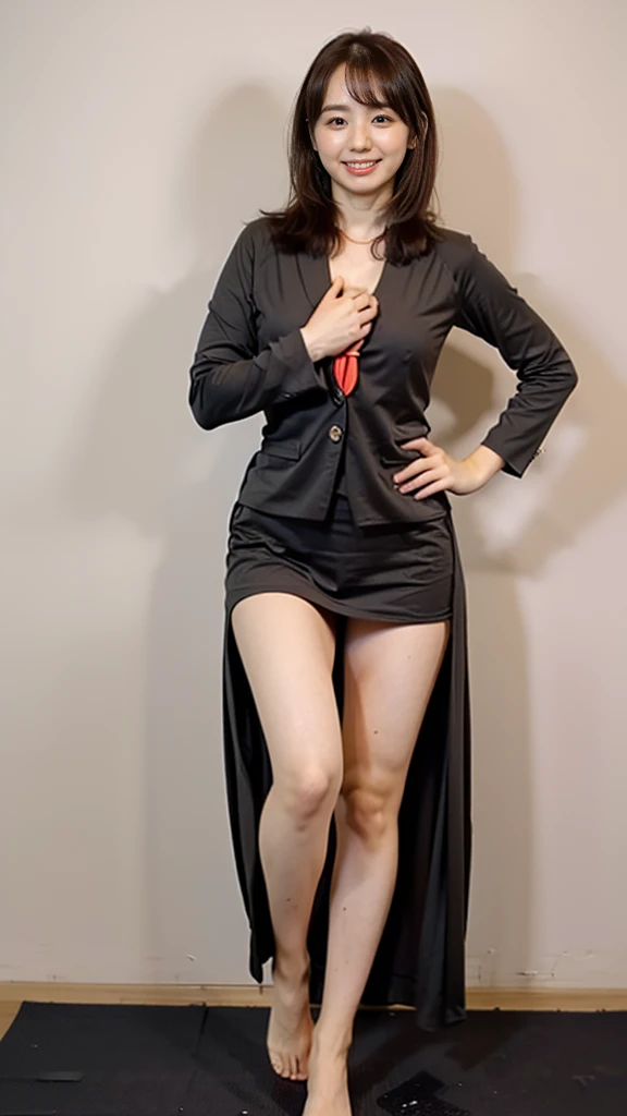 (8k、RAW Photos、highest quality、masterpiece:1.2)、(Realistic、Realistic)、1 girl、((large size black suit、red tie、rub my chest、pants suit、turn knees out、pelvic forward、over size suit、Woman grabs her own breasts、boyish、tom boy、public indecency、bend knees、 sexy suit、mens suit、large suit、hutanari 、grabbing breasts、 Leg spread、Bow-legged、Touching as if groping the breasts、Wide Stride、Leg spread、smile、sexy、I can see your chest、View from the front、Stand with hands on hips、In the city))、