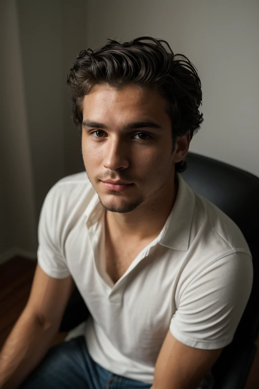 ((1 guy)) (white guy) wearing a black shirt, manly (sitting on a chair in a formal way, with his body forward and looking at the camera as if he were participating in an online meeting), very detailed, 18 years old old, natural wave hair, brown eyes, ((short facial hair)), high resolution, Artwork, best quality, intricate details, highly detailed, sharp focus, detailed skin, realistic skin texture, texture, detailed eyes, Professional, 4k, Shot on Canon, 85mm, Shallow Depth of Field, Kodak Vision Color, Perfectly Shaped Body, Extremely Detailed, Photo_\(Ultra\), Photorealistic, Realistic, Post Processing, Maximum Detail, Roughness, Real Life , ultra realistic, photorealism, photography, 8k HD, photography (film grain) ((medium shot atmospheric dark lighting))