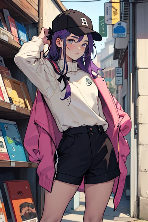 Hombre joven, cabello morado, Cabello corto, gorra negra, camisa blanca, black waist sweater, Shorts morados, with a colorful bow