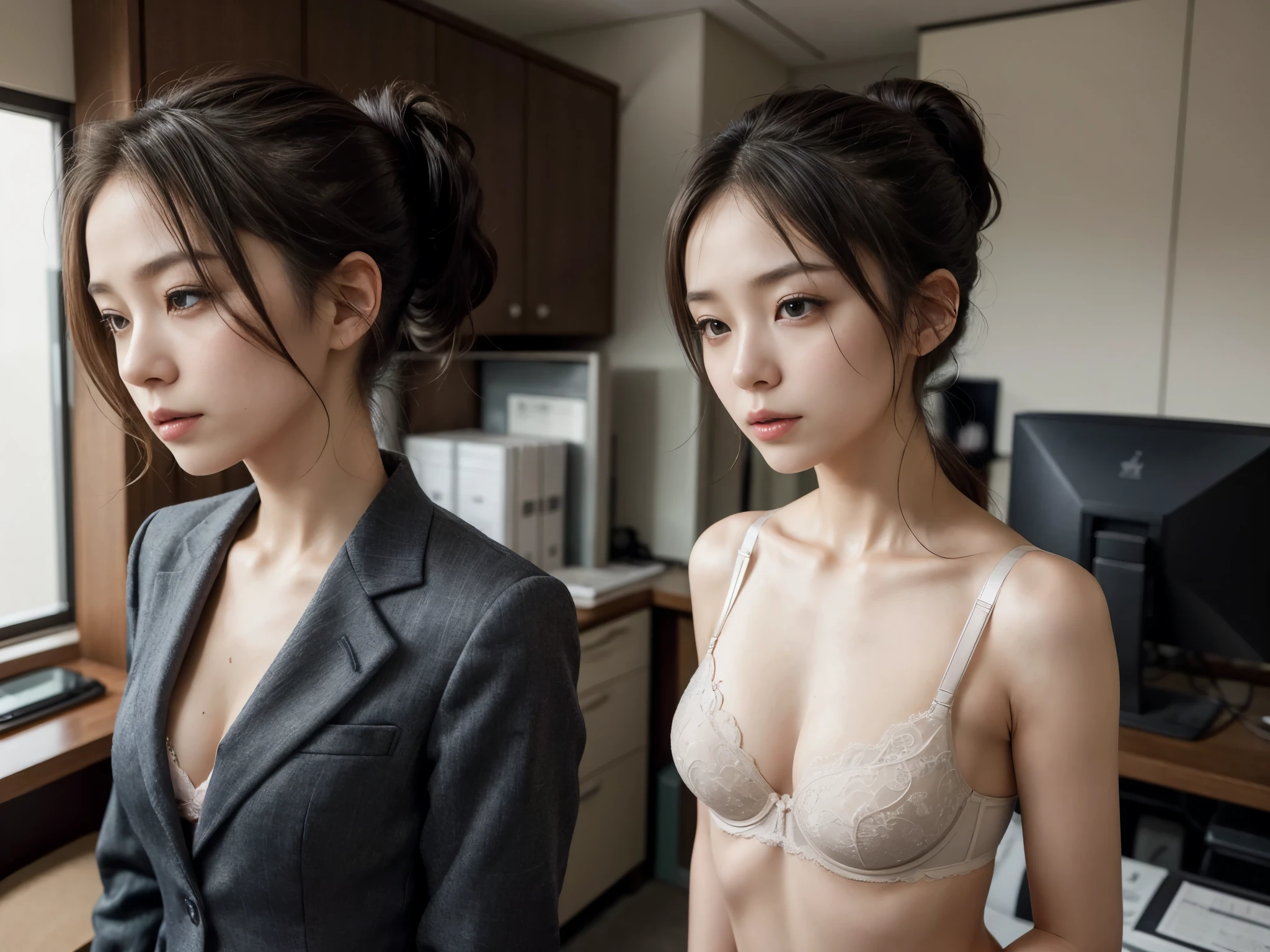 ponytail,(various coloured :1.0) ,(small breast:1.4),slender,suit,2 lady,brealistic,(ultra quality:1.2),japanese,high quality,masterpiece,(ultra detailed:1.4),japanese lady,beautiful face,(real bra:1.4),(skirt-suit:1.0),((office)),