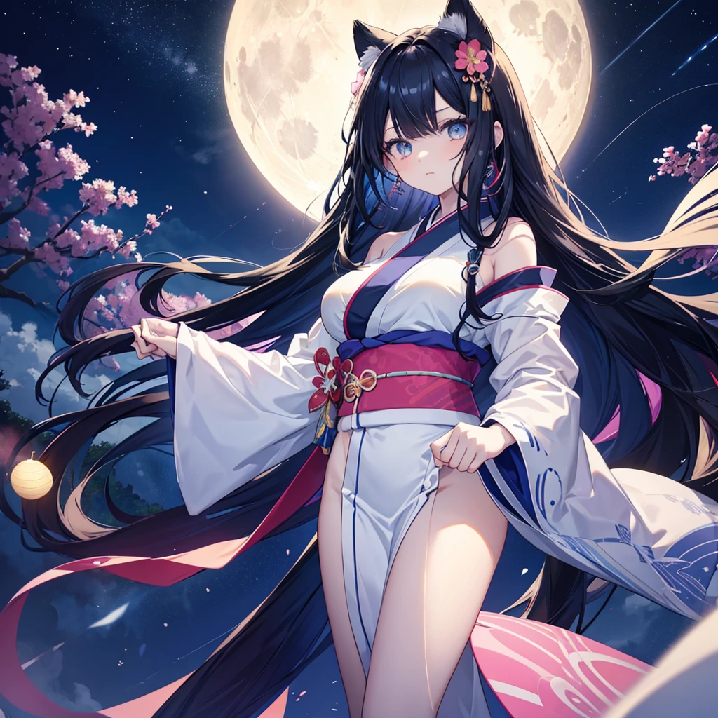 anime、Vibrant colors、Cool beauty、20-year-old、Black Hair、Long Hair、Straight Hair、The bangs are cut above the eyebrows、Narrow eyes、Slanted Eyes、Bright eyes、Sparkling eyes、Large Breasts、Night Sky、full moon、sky blue kimono