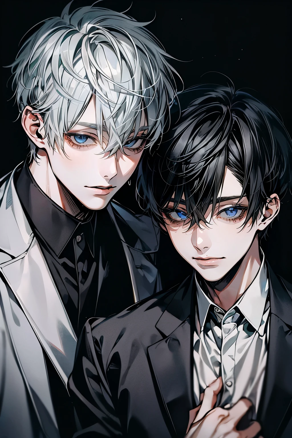 (Mastepiece), (Best Quality), Very detailed, ((Two friendly men:1.5)), Perfect Face, Beautiful Face, Very detailedな顔,(Black-haired man:1.3),(Grey-haired man:1.3)、suit