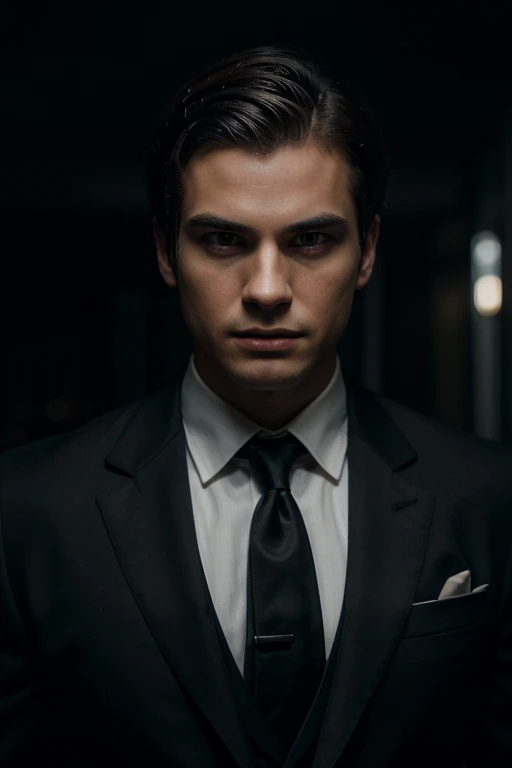 a young man in a black suit, formal attire, looking directly at camera, serious expression, cinematic lighting, realistic, photorealistic, masterpiece, 8k, hyper detailed, dramatic, high-quality, portrait, sharp focus, chiaroscuro, moody, professional, studio lighting