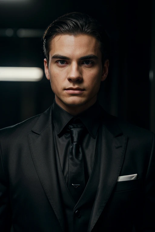 a young man in a black suit, formal attire, looking directly at camera, serious expression, cinematic lighting, realistic, photorealistic, masterpiece, 8k, hyper detailed, dramatic, high-quality, portrait, sharp focus, chiaroscuro, moody, professional, studio lighting