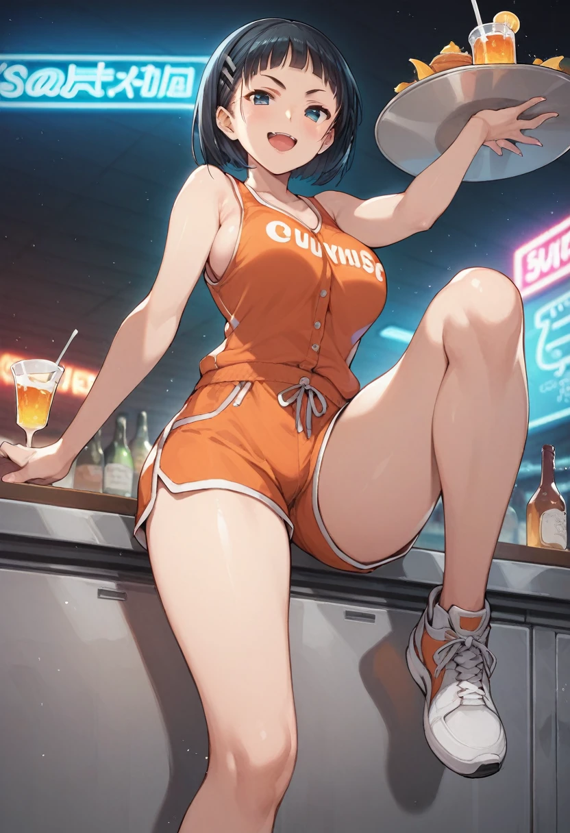 score_9, score_8_up, score_7_up, uncensored, 1girl, solo, female focus, (Kirigaya Suguha), BREAK, smug, open mouth, looking at viewer, orange short shorts, waitress, clothes writing, sneakers,employee uniform, tank top, from below, light particles, bar \(place\), neon lights,