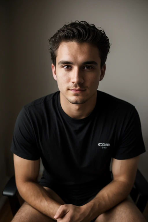 ((1 guy)) (white guy) wearing a black shirt, manly (sitting on a chair in a formal way, with his body forward and looking at the camera as if he were participating in an online meeting), very detailed, 18 years old old, natural wave hair, brown eyes, ((short facial hair)), high resolution, Artwork, best quality, intricate details, highly detailed, sharp focus, detailed skin, realistic skin texture, texture, detailed eyes, Professional, 4k, Shot on Canon, 85mm, Shallow Depth of Field, Kodak Vision Color, Perfectly Shaped Body, Extremely Detailed, Photo_\(Ultra\), Photorealistic, Realistic, Post Processing, Maximum Detail, Roughness, Real Life , ultra realistic, photorealism, photography, 8k HD, photography (film grain) ((medium shot atmospheric dark lighting))