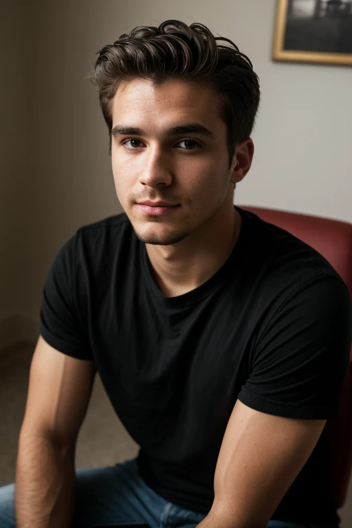 ((1 guy)) (white guy) wearing a black shirt, manly (sitting on a chair in a formal way, with his body forward and looking at the camera as if he were participating in an online meeting), very detailed, 18 years old old, natural wave hair, brown eyes, ((short facial hair)), high resolution, Artwork, best quality, intricate details, highly detailed, sharp focus, detailed skin, realistic skin texture, texture, detailed eyes, Professional, 4k, Shot on Canon, 85mm, Shallow Depth of Field, Kodak Vision Color, Perfectly Shaped Body, Extremely Detailed, Photo_\(Ultra\), Photorealistic, Realistic, Post Processing, Maximum Detail, Roughness, Real Life , ultra realistic, photorealism, photography, 8k HD, photography (film grain) ((medium shot atmospheric dark lighting))