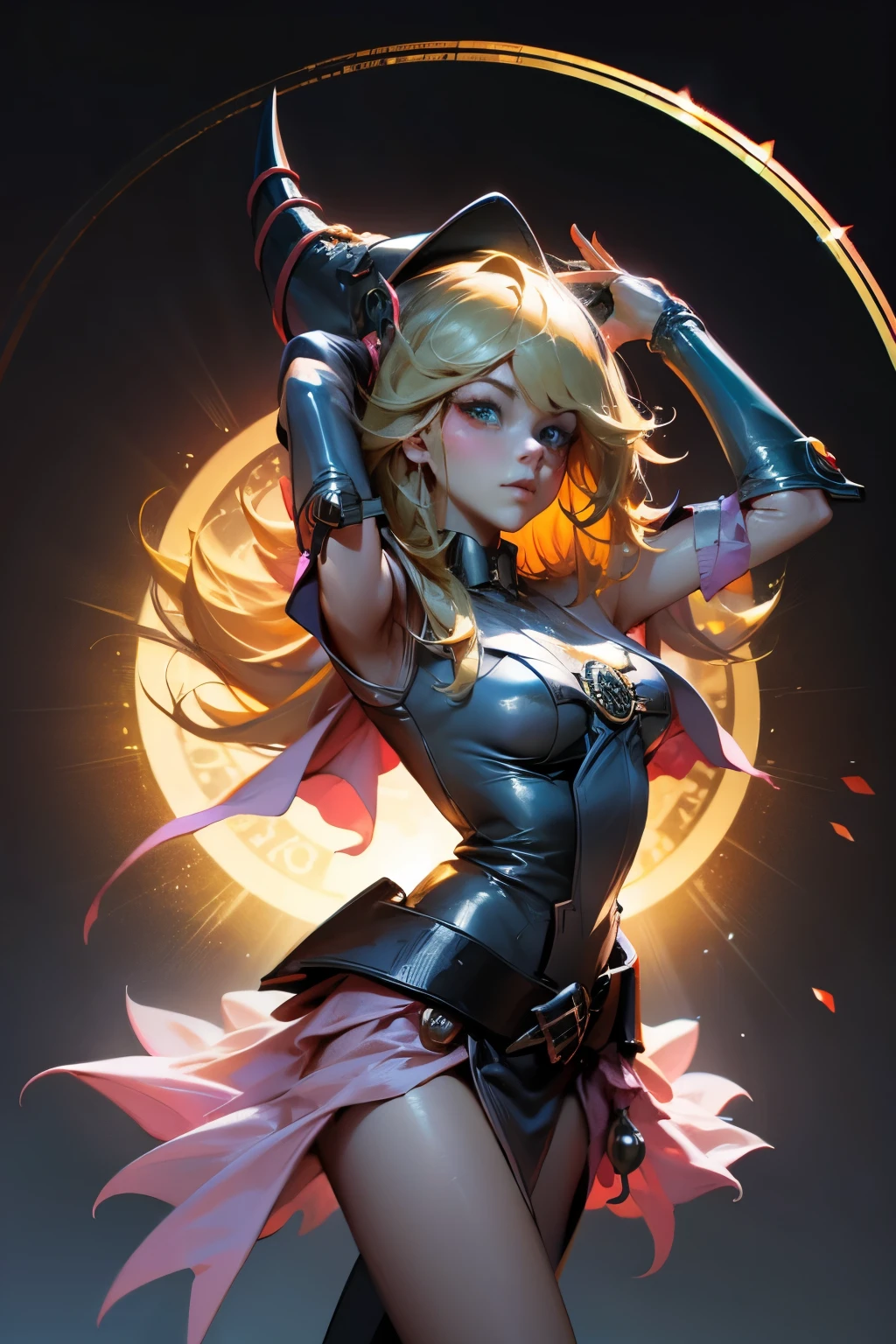 dark magician gils. Cabello rubio extra largo. Ojos verdes. magic circle background. Pose sensual y sejustiva.