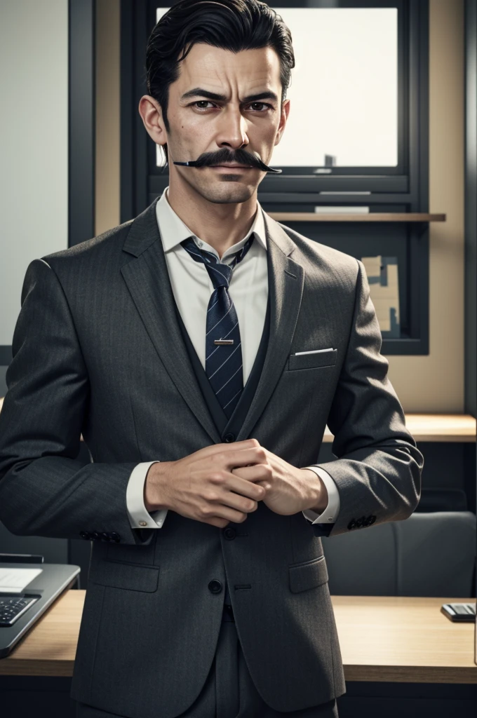 detailed man with mustache, wearing work suit, formal attire, standing in office, looking serious, high quality, realistic, photorealistic, detailed facial features, extremely detailed face, ultra-detailed, 8k, best quality, hyper realistic, cinematic lighting, warm color tones