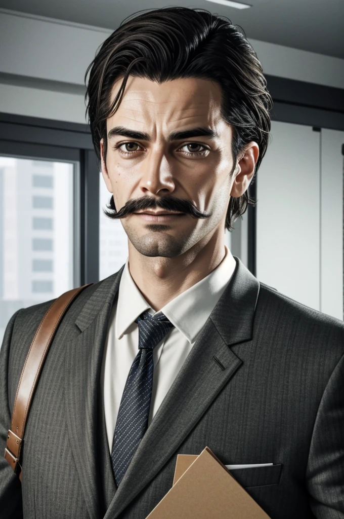 detailed man with mustache, wearing work suit, formal attire, standing in office, looking serious, high quality, realistic, photorealistic, detailed facial features, extremely detailed face, ultra-detailed, 8k, best quality, hyper realistic, cinematic lighting, warm color tones