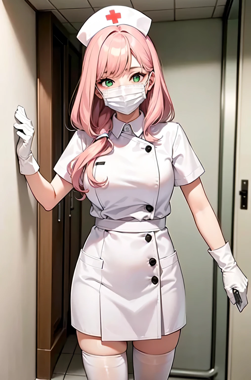 1girl, solo, nurse, white nurse cap, white nurse uniform, ((white legwear, zettai ryouiki)), white gloves, pink hair, green eyes, drooping eyes, ((white surgical mask, covered nose)), standing, ((hospital room)), sharp outline, short sleeves, best quality, masterpiece