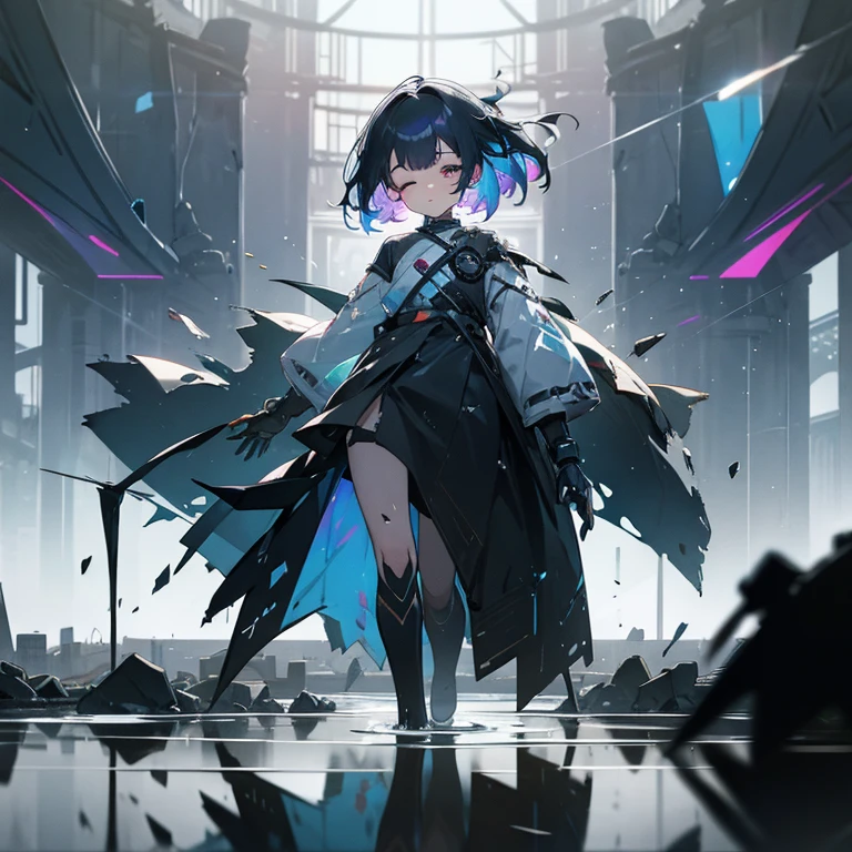 robot girl, broken robot, walking motion, tears, one eye closed, Iridescence and rainbow eyes, torn clothes, Ruins of beautiful details, Detail background, reflective water surface, Smooth reflection,