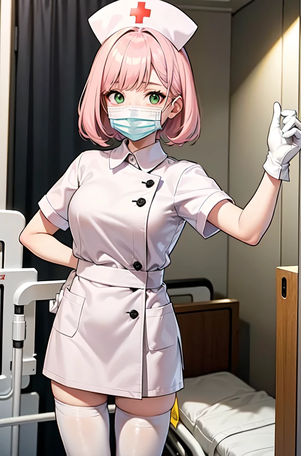 1girl, solo, nurse, white nurse cap, white nurse uniform, ((white legwear, zettai ryouiki)), white gloves, pink hair, green eyes, drooping eyes, ((white surgical mask, covered nose)), standing, ((hospital room)), sharp outline, short sleeves, best quality, masterpiece