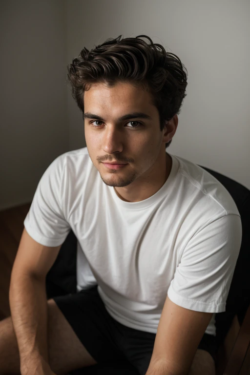 ((1 guy)) (white guy) wearing a black shirt, manly (sitting on a chair in a formal way, with his body forward and looking at the camera as if he were participating in an online meeting), very detailed, 18 years old old, natural wave hair, brown eyes, ((short facial hair)), high resolution, Artwork, best quality, intricate details, highly detailed, sharp focus, detailed skin, realistic skin texture, texture, detailed eyes, Professional, 4k, Shot on Canon, 85mm, Shallow Depth of Field, Kodak Vision Color, Perfectly Shaped Body, Extremely Detailed, Photo_\(Ultra\), Photorealistic, Realistic, Post Processing, Maximum Detail, Roughness, Real Life , ultra realistic, photorealism, photography, 8k HD, photography (film grain) ((medium shot atmospheric dark lighting))