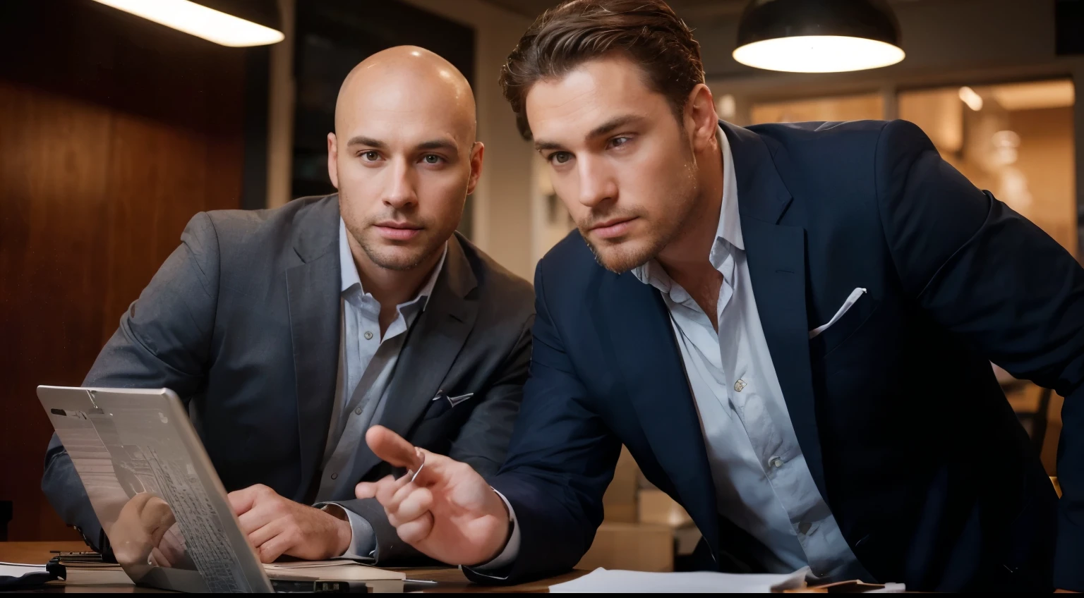 A masterfully captured photograph of two successful entrepreneurs, Mike and George, both in their mid-30s, deeply engrossed in discussing their latest venture. Mike, with his bald head, dons a sophisticated charcoal gray suit, while George, a larger-than-life figure with a full head of hair, is dressed in a stylish navy blue blazer and crisp white shirt. Their focus is on an open laptop displaying their project details. The backdrop is a warmly lit, contemporary office space that exudes a sense of realism and refined sophistication, reflecting their successful lifestyles.