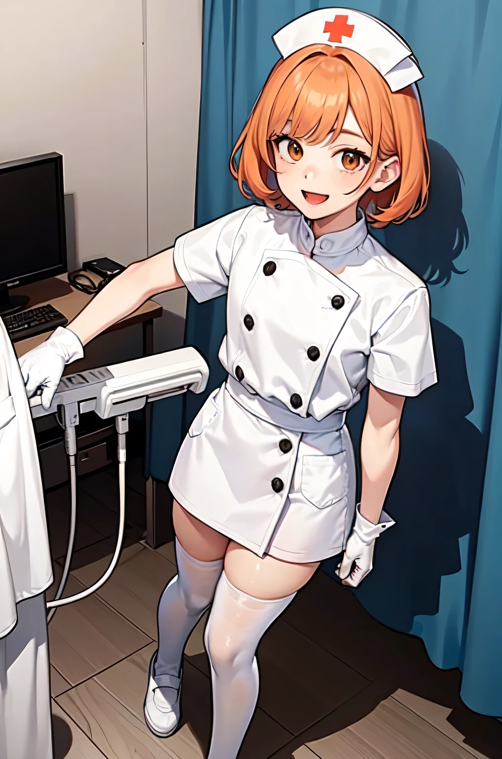 1boy, solo, male focus, nurse, white nurse cap, white nurse uniform, ((white legwear, zettai ryouiki)), white gloves, short hair, orange hair, smile, open mouth, standing, ((hospital room)), sharp outline, short sleeves, shota, ************, best quality, masterpiece