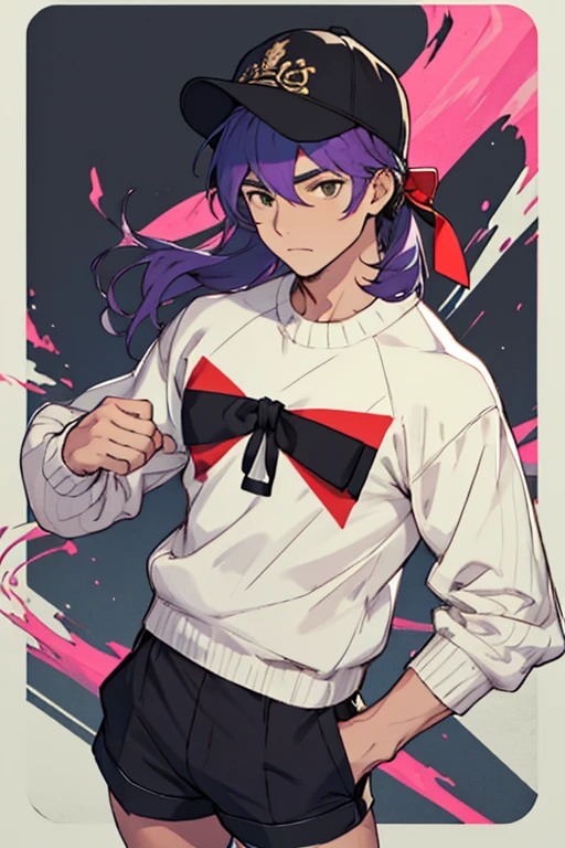 Hombre joven, cabello morado, Cabello corto, gorra negra, camisa blanca, black waist sweater, Shorts morados, with a colorful bow