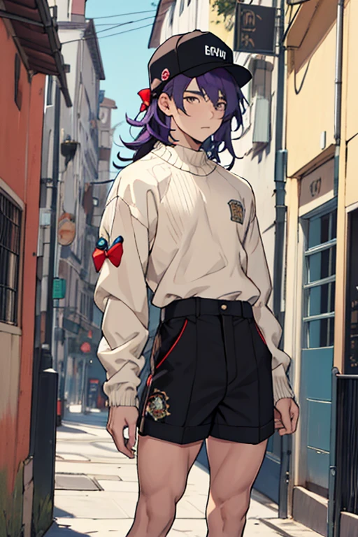 Hombre joven, cabello morado, Cabello corto, gorra negra, camisa blanca, black waist sweater, Shorts morados, with a colorful bow