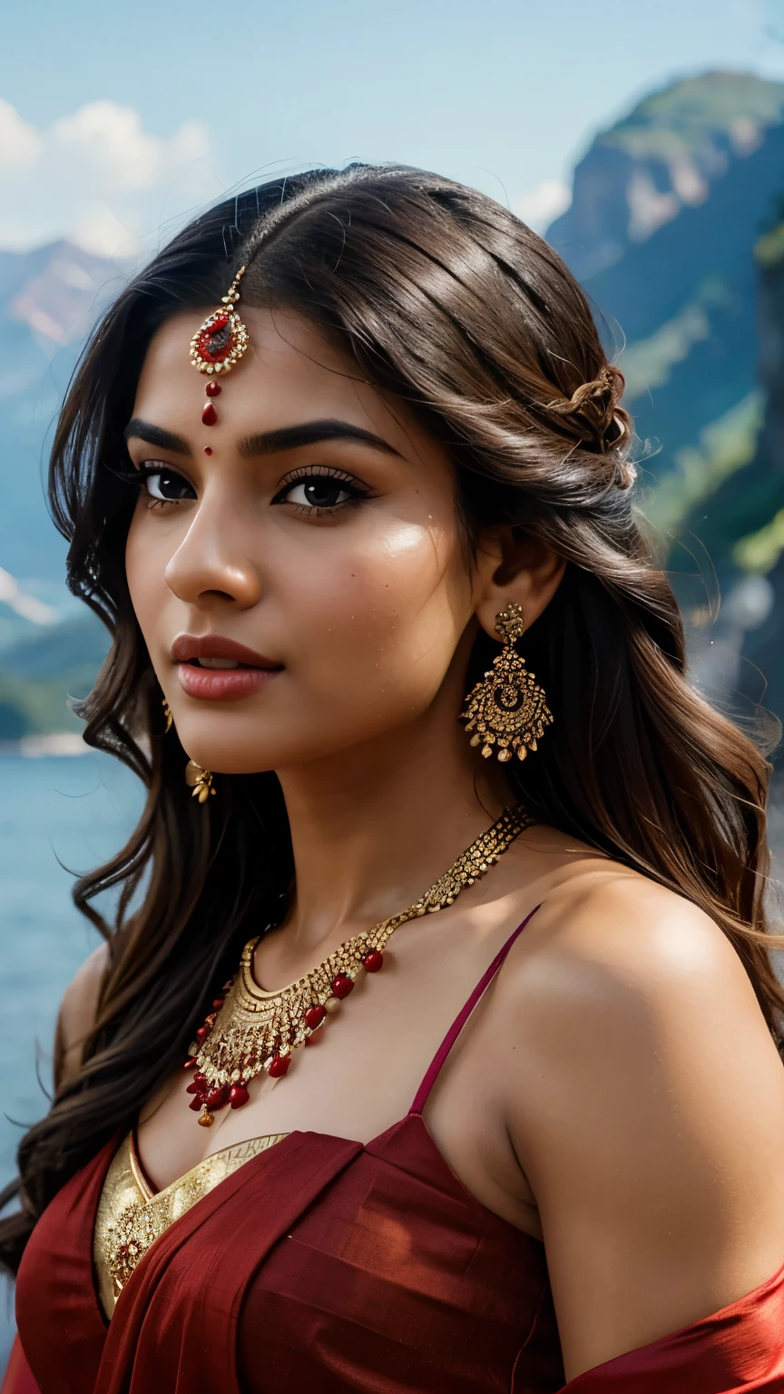 (Highly Detailed, Portrait, Intricate, Attractive Body, Beautiful Eyes, Beautiful Lips, Extremely Detailed Face, Long Eyelashes), ((Full Body Portrait)), Cinematic, Portrait, Dynamic Lighting, Most Beautiful Portrait, Indian Celebrity, (Wearing Traditional Indian Red Sari), Traditional Indian Clothing, Indian Jewelry, Symmetrical Face, Stunning Art, Intense Look, Detailed, Red Lips, Messy Strands of Hair, Detailed Hair, Intense Look, (Best Quality, 4k, 8k, High-Res, Masterpiece: 1.2), Ultra-Detailed, (Realistic, Photorealistic, Photorealistic: 1.37), Vivid Colors, Sharp Focus, Portrait, Studio Lighting, (SFW), (Light Skin Color), Standing in Mountain by the Sea, Sari Flying