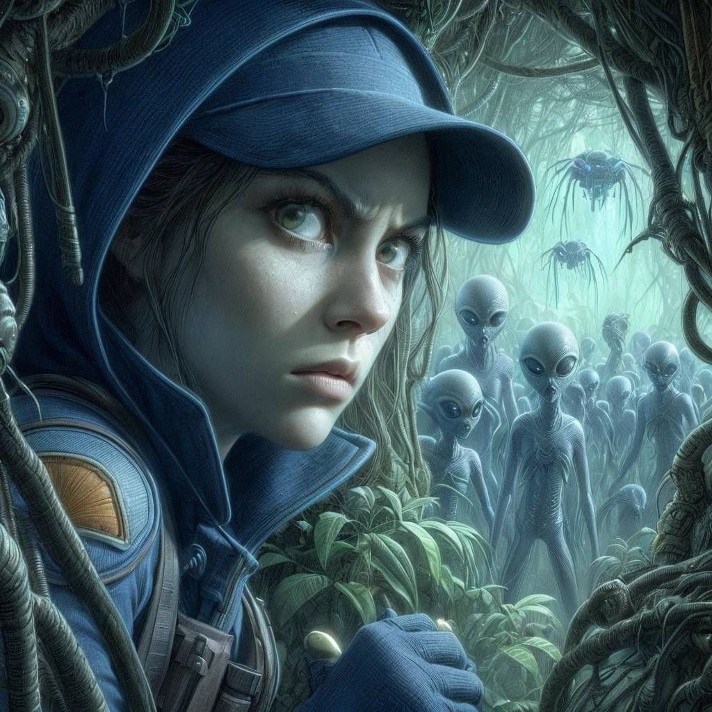 A tense and warry Female Intergalactic Courier [Kaya Scodelario:Sigourney Waver:0.45] with an intense and focused expression, hiding in a shade of alien woods, surrounded by seemingly nice and friendly aliens, with insanely intricate details of alien world background, masterpiece photorealistic color pencil illustration, Don Lawrence Style with Studio Ghibli aesthetic, octane render, ultra high resolution, 8k, best quality