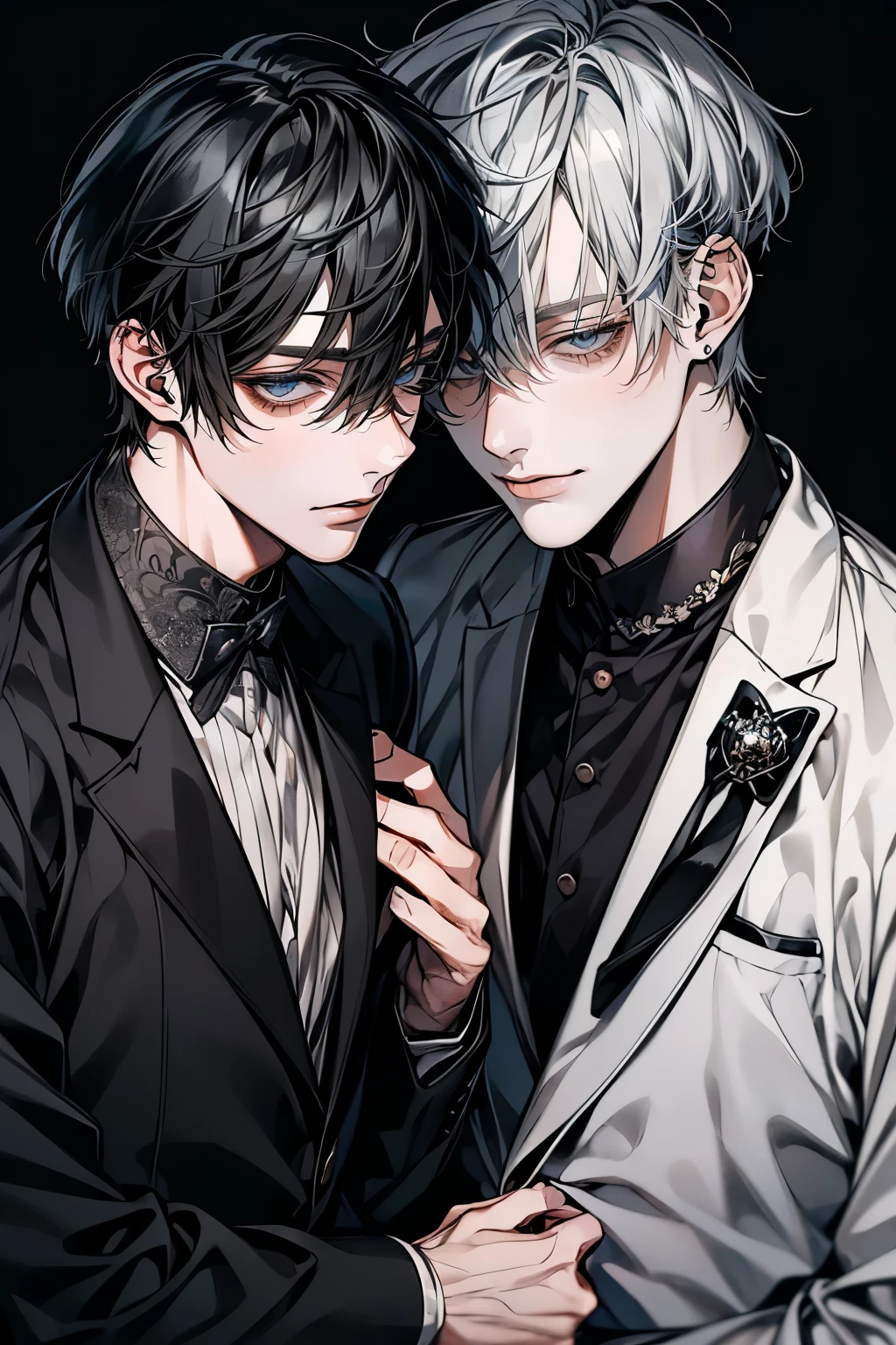 (Mastepiece), (Best Quality), Very detailed, ((Two friendly men:1.5)), Perfect Face, Beautiful Face, Very detailedな顔,(Black-haired man:1.3),(Grey-haired man:1.3)、suit
