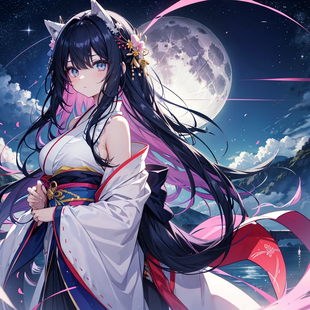 anime、Vibrant colors、Cool beauty、Age 25、Black Hair、Long Hair、Straight Hair、The bangs are cut above the eyebrows、Narrow eyes、Slanted Eyes、Bright eyes、Sparkling eyes、Large Breasts、Night Sky、full moon、sky blue kimono