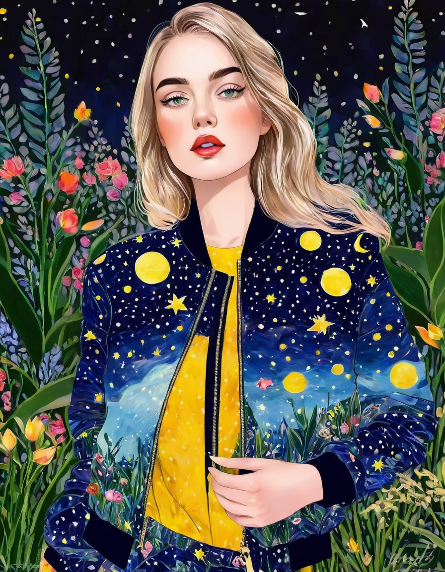 (best quality, highres, realistic:1.37), detailed portrait, girl in a garden, beautiful detailed eyes, beautiful detailed lips, long eyelashes, fashionable clothing, confident and elegant posture, unique catwalk style, starry night pattern on the jacket, vibrant colors, rich textures, soft and glowing lighting, runway atmosphere