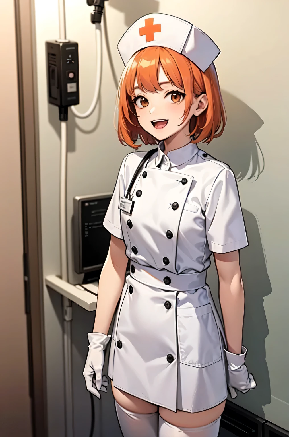 1boy, solo, male focus, nurse, white nurse cap, white nurse uniform, ((white legwear, zettai ryouiki)), white gloves, short hair, orange hair, smile, open mouth, standing, ((hospital room)), sharp outline, short sleeves, shota, ************, best quality, masterpiece