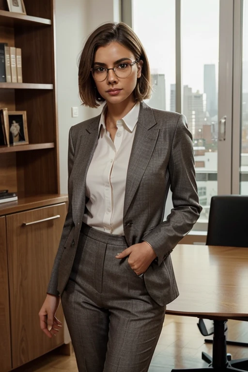 She is a woman of imposing presence, with deep brown eyes that convey seriousness and determination. Her short blonde hair is carefully styled, highlighting her refined and professional features.
Her slender body is highlighted by her straight and confident posture. Dressed in a long, understated formal outfit, she wears a fitted dark gray blazer that highlights her elegant figure and firm shoulders. Below the blazer, an impeccably pressed white shirt adds a classic touch. Her long, well-cut dress pants elongate her silhouette, while elegant, low-heeled shoes complete the look, providing comfort and sophistication.
His serious and focused face reflects his professionalism and determination. To complement her appearance, she wears modern-framed glasses, which add an intellectual touch to her look.
The environment around you is a high-end corporate office, with walls decorated with modern art and organized shelves of books. A large dark wooden desk with an open laptop, organized documents, and a cup of coffee next to it reflects your efficiency. Behind it, a floor-to-ceiling window offers a panoramic view of the city, allowing natural light to illuminate the space in a soft, sophisticated way.