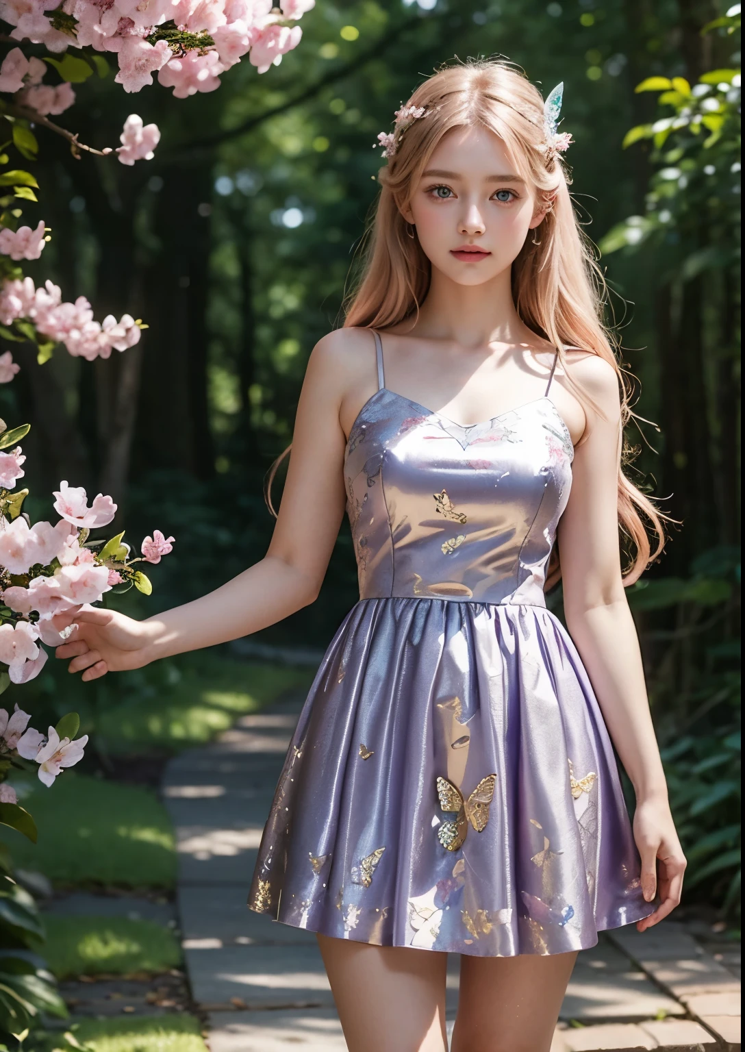 a beautiful young girl standing in front of a Saucer Magnolia tree, detailed facial features, stylish hair, striking blue eyes, delicate pink lips, flowing golden hair, ethereal aura, serene expression, dappled sunlight filtering through the blue blossoms, lush green foliage, dreamy, whimsical, fantasy-like, digital art, highly detailed, cinematic lighting, vibrant colors, photorealistic, 8k, above knee length glitter purple dress, Standing, smile, butterfly's, Curved angles, flying birds, full body shot