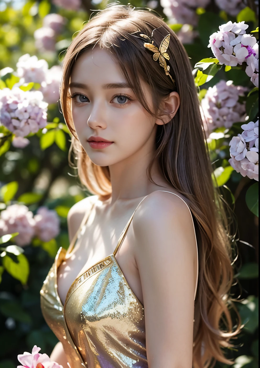 a beautiful young girl standing in front of a Saucer Magnolia tree, detailed facial features, stylish hair, striking blue eyes, delicate pink lips, flowing golden hair, ethereal aura, serene expression, dappled sunlight filtering through the blue blossoms, lush green foliage, dreamy, whimsical, fantasy-like, digital art, highly detailed, cinematic lighting, vibrant colors, photorealistic, 8k, above knee length glitter purple dress, Standing, smile, butterfly's, Curved angles, flying birds, full body shot