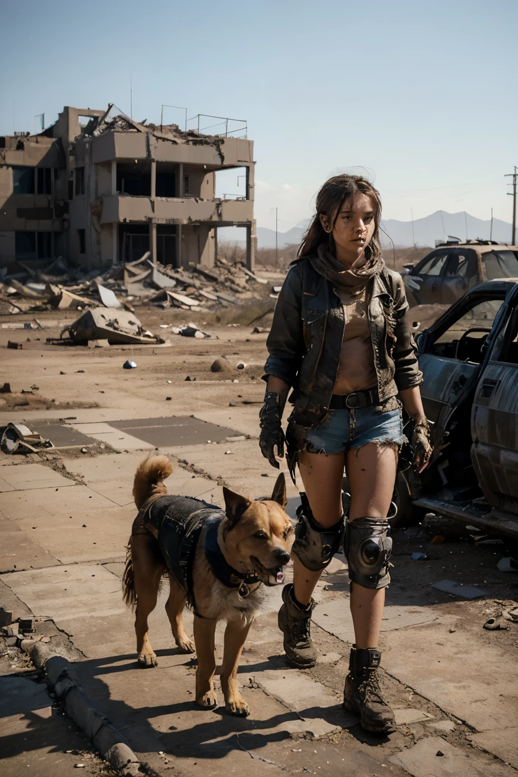 A post-apocalyptic landscape where a young girl walks side by side with a semi-cyborg dog. The terrain is desolate and ruined, with remnants of destroyed buildings and abandoned vehicles scattered around. The girl, dressed in tattered clothing, exudes resilience and determination as she navigates the harsh environment. The semi-cyborg dog, with mechanical enhancements, stays close to her, providing companionship and protection in this dystopian world.