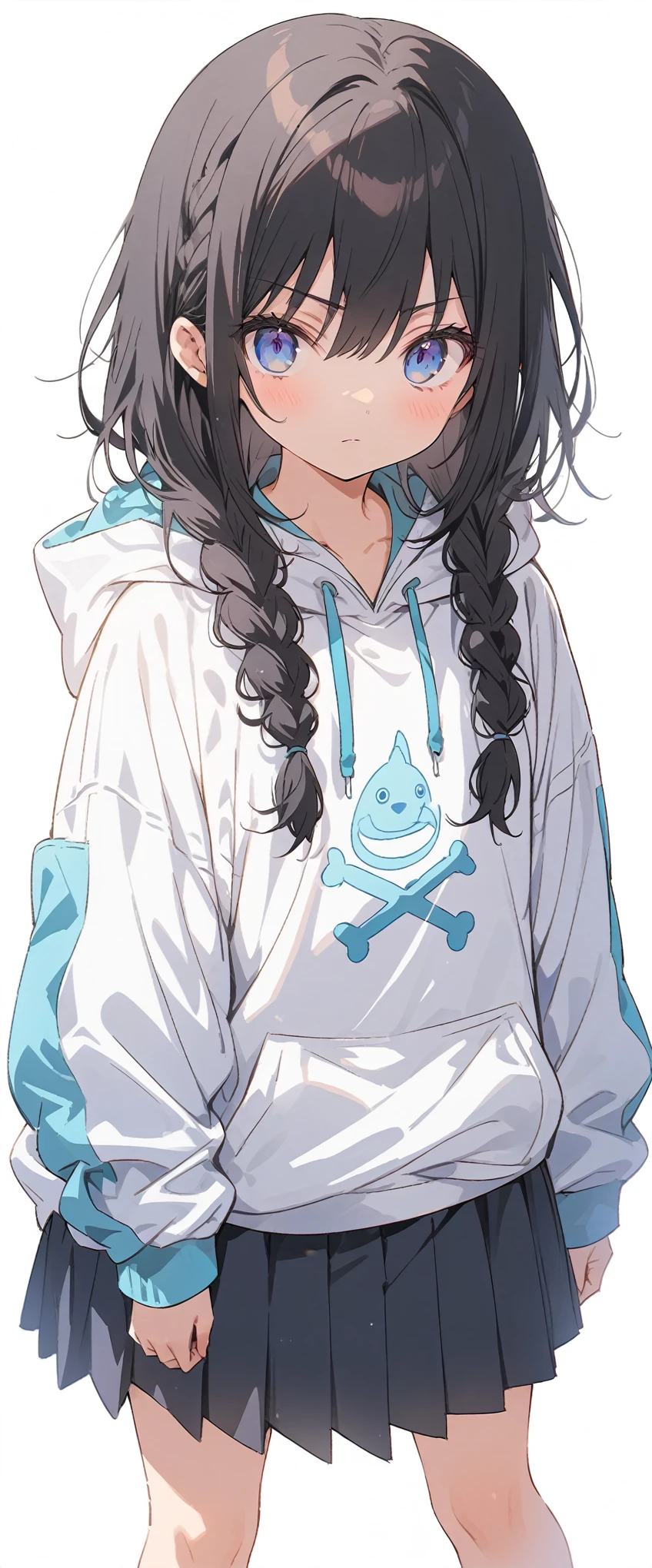 White background、Solid white background、Blank background、just standing girl, only one girl、Full body shot from the front,Ultra-high resolution, highest quality,fish-bone braid hair、Fishbone Hair、Flat Chest、beautiful detailed eyes、black hair、Black hair × Blue eyes、blue eyes、Serious expression、 Plain white hoodie、Black pleated skirt、barefoot