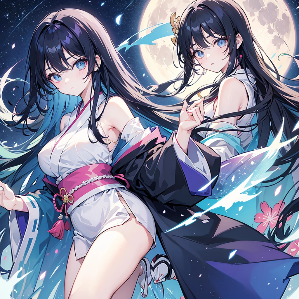 anime、Vibrant colors、Cool beauty、27 years old、Black Hair、Long Hair、Straight Hair、The bangs are cut above the eyebrows、Narrow eyes、Slanted Eyes、Bright eyes、Sparkling eyes、Large Breasts、Night Sky、full moon、sky blue kimono