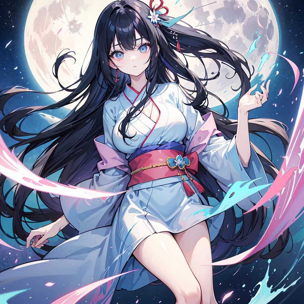 anime、Vibrant colors、Cool beauty、27 years old、Black Hair、Long Hair、Straight Hair、The bangs are cut above the eyebrows、Narrow eyes、Slanted Eyes、Bright eyes、Sparkling eyes、Large Breasts、Night Sky、full moon、sky blue kimono