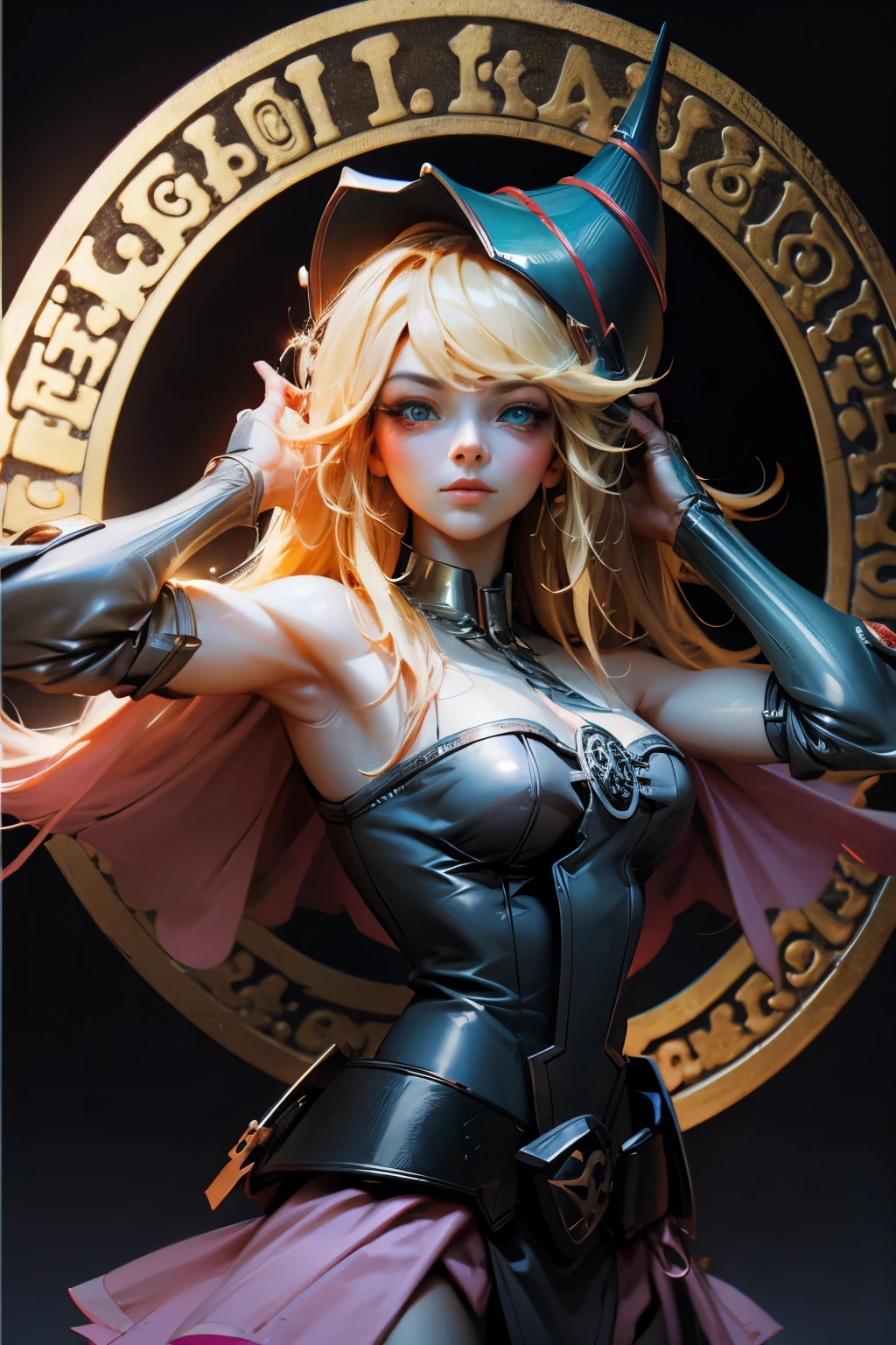 dark magician gils. Cabello rubio extra largo. Ojos verdes. magic circle background. Pose sensual y sejustiva.