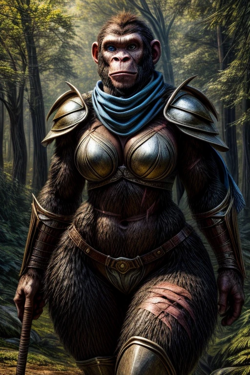 attractive ape woman, chimpanzee warrior, armor, midriff, huge hips, scarf, blue eyes, spear, scars, forest