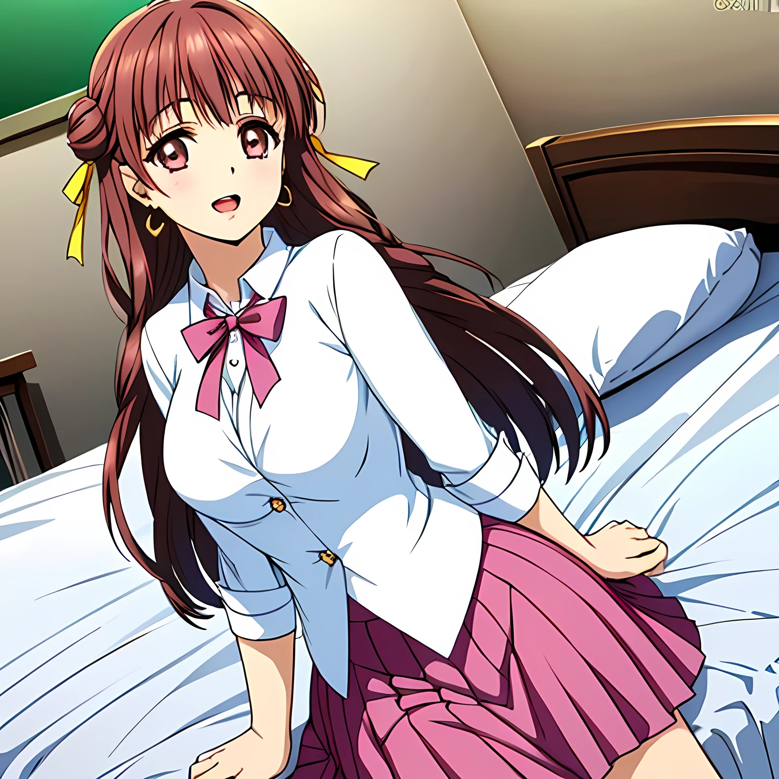 highest quality, (masterpiece:1.2), Very detailed, (((Game CG))), ((((The beautiful Ishtar, a very noble and elegant young lady, is wearing a pink school sailor uniform.、Cast a powerful spell of seduction)))), ((The girl everyone loves)), (((Beautiful flaxen, wavy, long, very shiny hair))), ((((Pink, neat sailor suit)))), ((((Pink neat blouse)))), ((((A neat, deep pink long pleated skirt)))), ((Her eyes are so beautiful and sparkling, they seem so dazzling.)), ((A huge ribbon bowtie that covers the entire chest)), ((A refined and elegant look like a noble princess)), (((Beautiful and great smile))), ((The viewers feel a different level of happiness.)), ((Very noble and elegant face)), ((Slender and shapely breasts)), ((laughing at me)), Heart-shaped gold hair ornament and earrings, ((The elegant, slightly open mouth and glossy lips of an anime heroine)), ((Magic Bed))