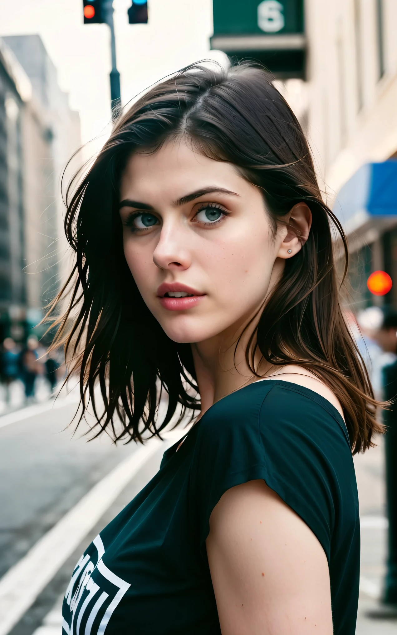 analog style, RAW photo, photography, hyper photorealistic, amateur photo shot of a alexandra daddario wear big oversized off shoulder t-shirt, on a city street, detailed skin, detailed face, soft natural raw light, highly detailed, cinematic, best quality, ultra detailed, extremely detailed, not look at viewer, candid shot, taken from mobile camera, f/22, deep depth of field, grain, noise