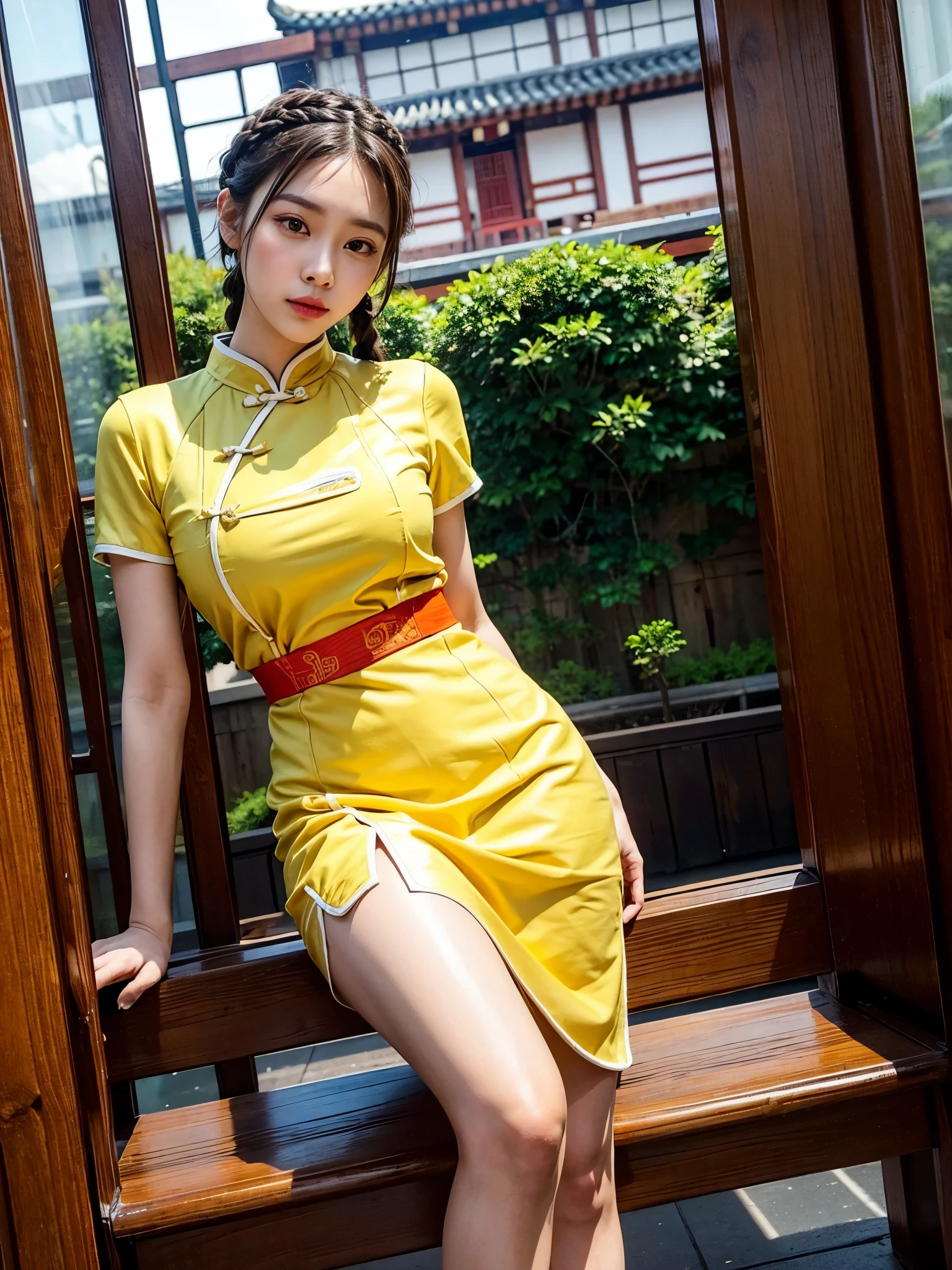 Best quality: 1.4, HD, fully illuminated, 1 woman, highlighting beautiful legs, Qipao, yellow, braids, Chinese architecture